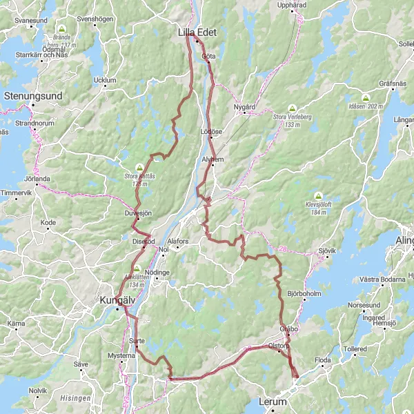 Map miniature of "Gravel Escape" cycling inspiration in Västsverige, Sweden. Generated by Tarmacs.app cycling route planner