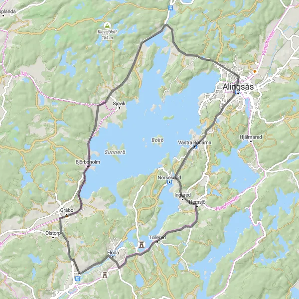 Map miniature of "Road Cycling Loop from Stenkullen to Alingsås" cycling inspiration in Västsverige, Sweden. Generated by Tarmacs.app cycling route planner