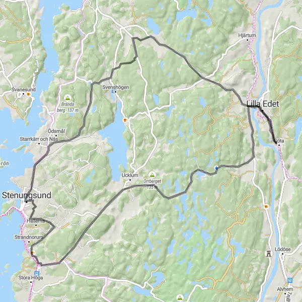 Map miniature of "Road Cycling Route to Ödsmål" cycling inspiration in Västsverige, Sweden. Generated by Tarmacs.app cycling route planner