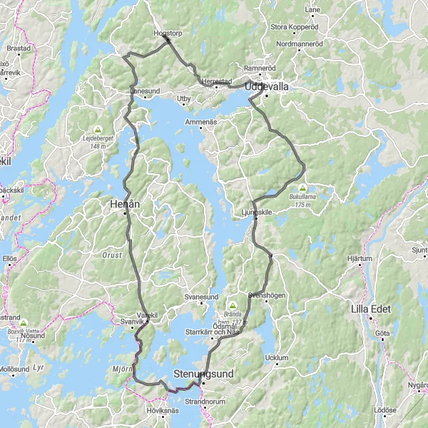 Map miniature of "Stenungsund to Ljungskile via Varekil and Råane" cycling inspiration in Västsverige, Sweden. Generated by Tarmacs.app cycling route planner