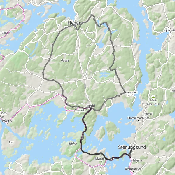Kartminiatyr av "Västkustens charm" cykelinspiration i Västsverige, Sweden. Genererad av Tarmacs.app cykelruttplanerare
