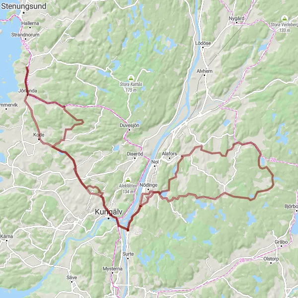 Kartminiatyr av "Äventyr genom naturreservat till Stora Grötås" cykelinspiration i Västsverige, Sweden. Genererad av Tarmacs.app cykelruttplanerare