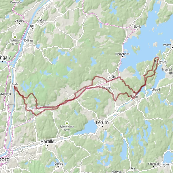Map miniature of "Surte to Angered Gravel Route" cycling inspiration in Västsverige, Sweden. Generated by Tarmacs.app cycling route planner