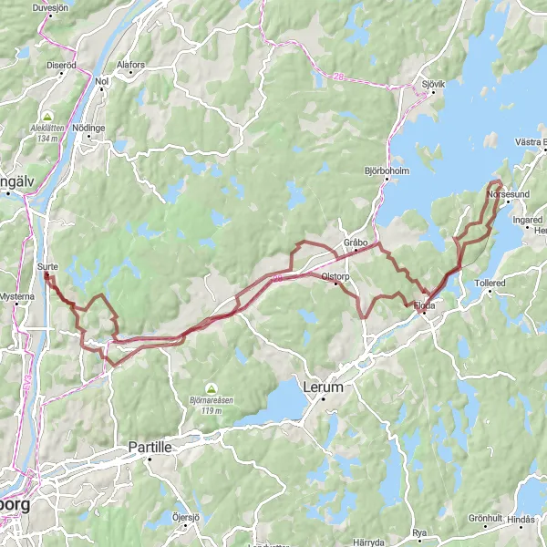 Kartminiatyr av "Landsvägstur genom Angered och Floda" cykelinspiration i Västsverige, Sweden. Genererad av Tarmacs.app cykelruttplanerare