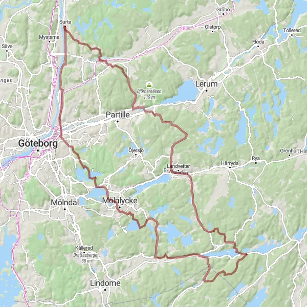 Map miniature of "Gravel Adventure: Surte to Gårdstensberget" cycling inspiration in Västsverige, Sweden. Generated by Tarmacs.app cycling route planner