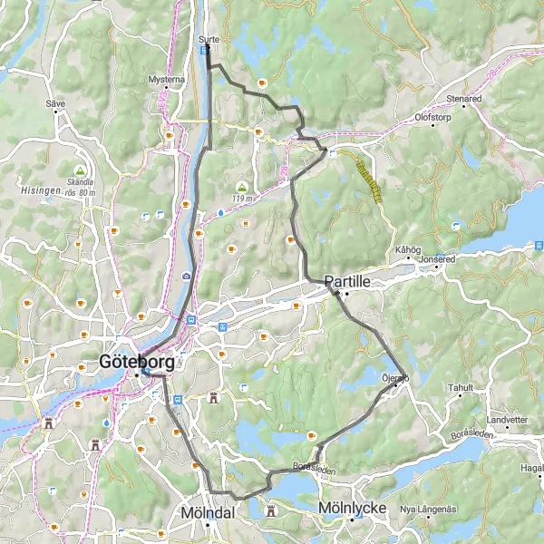 Kartminiatyr av "Kort och Kuperad Cykeltur" cykelinspiration i Västsverige, Sweden. Genererad av Tarmacs.app cykelruttplanerare