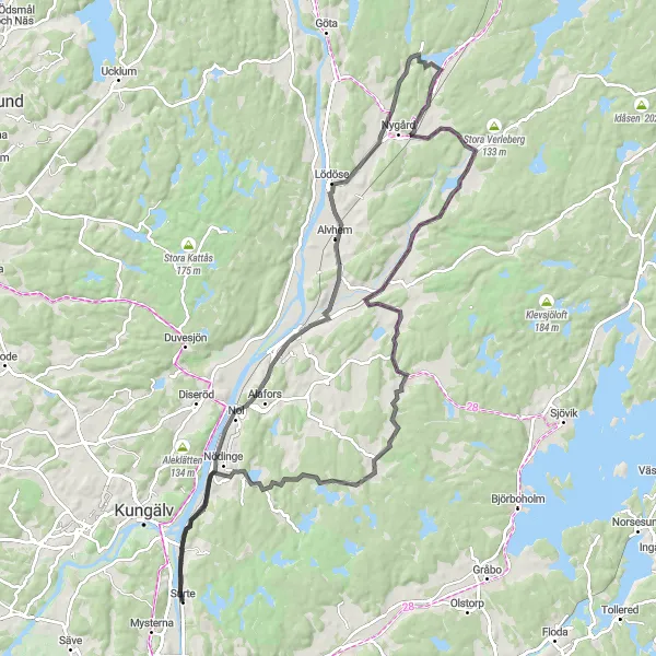 Map miniature of "Road Cycling Adventure to Älvängen" cycling inspiration in Västsverige, Sweden. Generated by Tarmacs.app cycling route planner