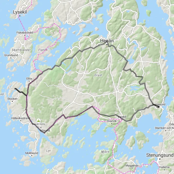 Map miniature of "Svanesund to Henån Loop" cycling inspiration in Västsverige, Sweden. Generated by Tarmacs.app cycling route planner