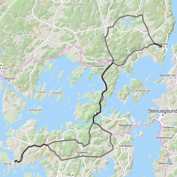 Map miniature of "Coastal Bliss - Svanesund Round-Trip" cycling inspiration in Västsverige, Sweden. Generated by Tarmacs.app cycling route planner