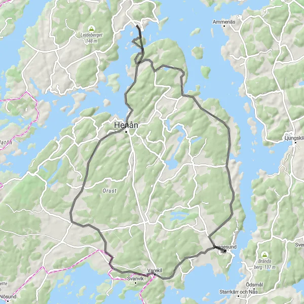 Map miniature of "Svanesund to Slussen Extended Loop" cycling inspiration in Västsverige, Sweden. Generated by Tarmacs.app cycling route planner