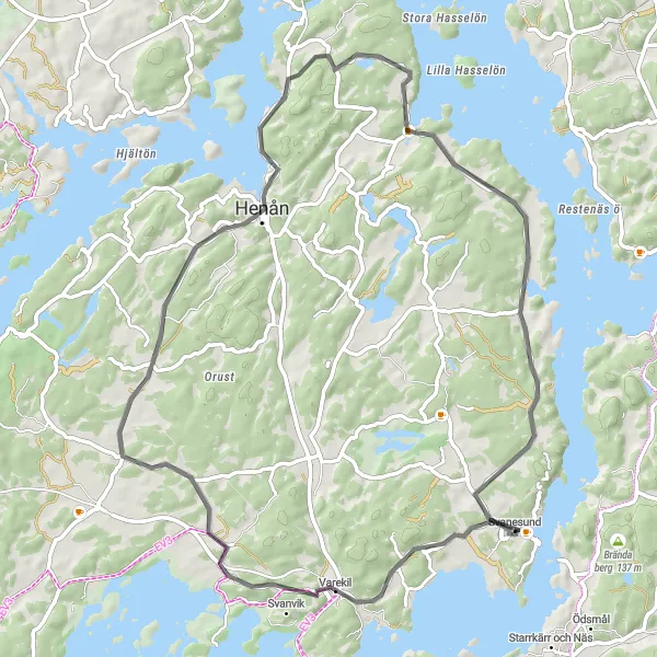 Map miniature of "Scenic Escape - Svanesund Round-Trip" cycling inspiration in Västsverige, Sweden. Generated by Tarmacs.app cycling route planner