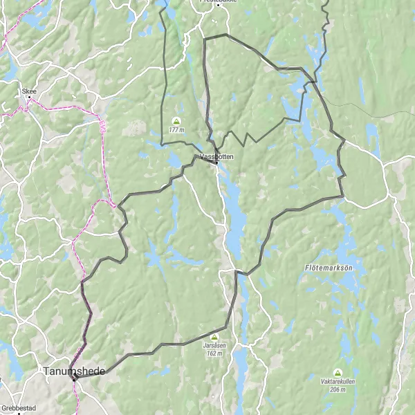 Kartminiatyr av "Challenging Route via Älgafallet - Jarsåsen - Fossum" cykelinspiration i Västsverige, Sweden. Genererad av Tarmacs.app cykelruttplanerare