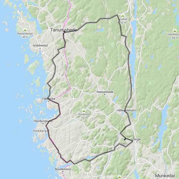 Kartminiatyr av "Tanumshede - Hällevadsholm - Bärfendal - Gerlesborg - Galjeberget - Tanumsslätten - Rock Carvings in Tanum" cykelinspiration i Västsverige, Sweden. Genererad av Tarmacs.app cykelruttplanerare