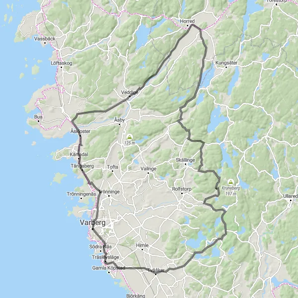 Kartminiatyr av "Äventyrlig cykeltur från Tångaberg till Träslövsläge" cykelinspiration i Västsverige, Sweden. Genererad av Tarmacs.app cykelruttplanerare