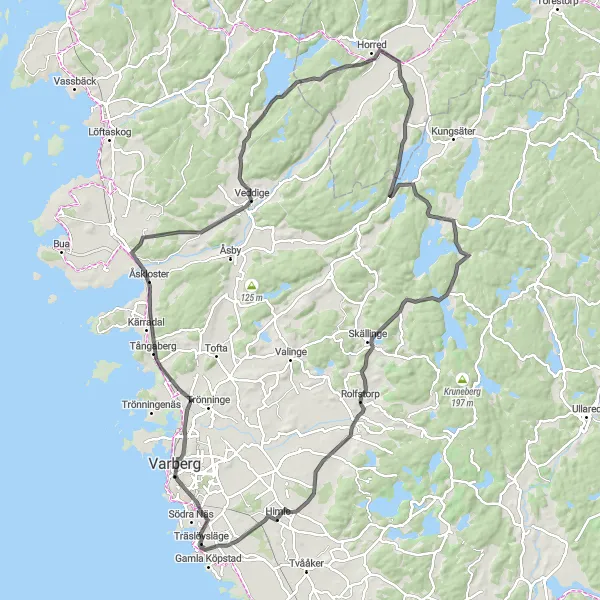 Kartminiatyr av "Tångaberg - Veddige - Rolfstorp Loop" cykelinspiration i Västsverige, Sweden. Genererad av Tarmacs.app cykelruttplanerare