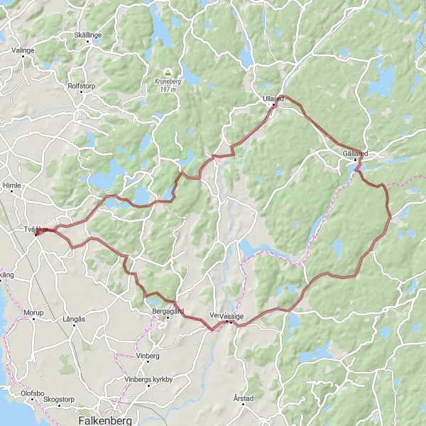 Map miniature of "Tvååker to Vessigebro Gravel Cycling Route" cycling inspiration in Västsverige, Sweden. Generated by Tarmacs.app cycling route planner