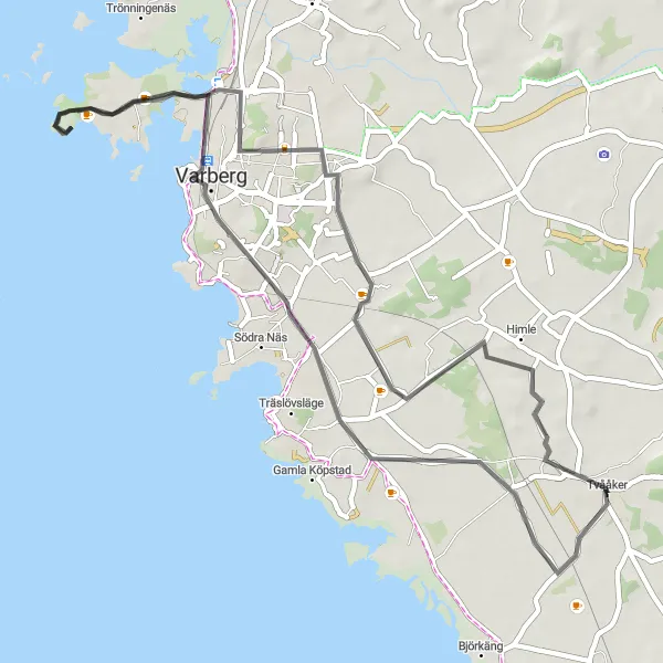 Map miniature of "Tvååker to Varberg Road Cycling Route" cycling inspiration in Västsverige, Sweden. Generated by Tarmacs.app cycling route planner