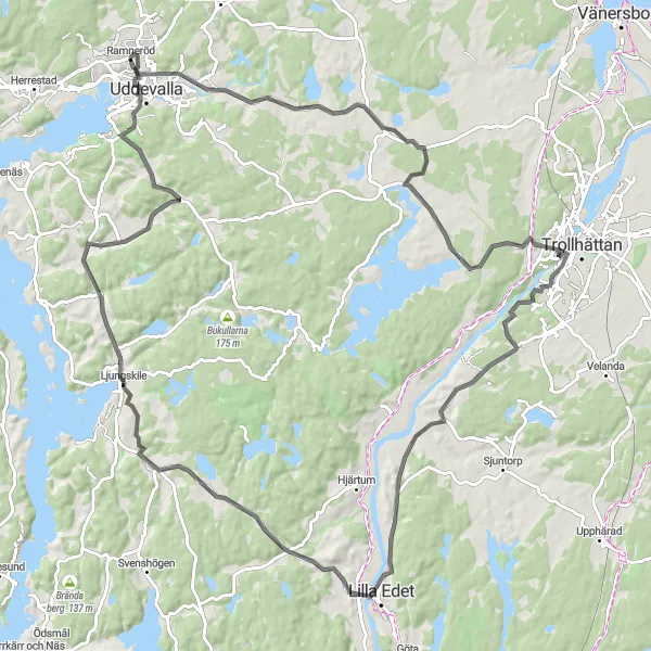 Map miniature of "Uddevalla to Lilla Edet Cycling Route" cycling inspiration in Västsverige, Sweden. Generated by Tarmacs.app cycling route planner