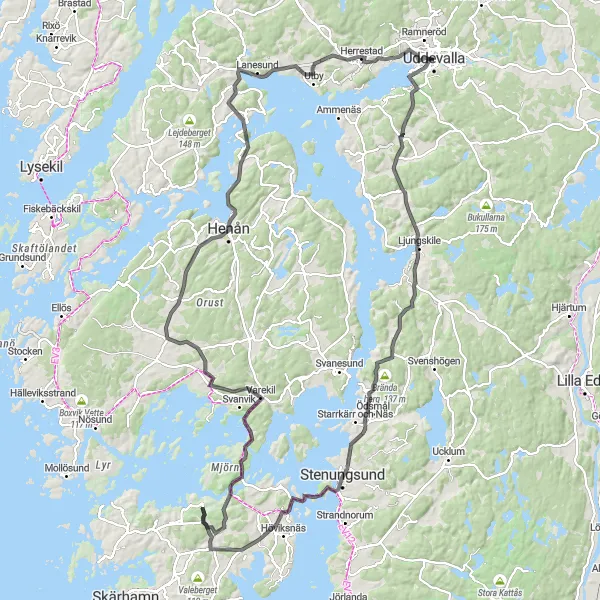 Map miniature of "Uddevalla to Henån Cycling Route" cycling inspiration in Västsverige, Sweden. Generated by Tarmacs.app cycling route planner