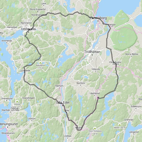 Map miniature of "Ultimate Road Challenge - Lane-Ryr to Ljungskile" cycling inspiration in Västsverige, Sweden. Generated by Tarmacs.app cycling route planner