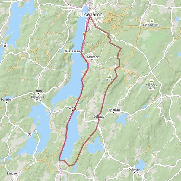 Kartminiatyr av "Grusväg genom Gällstad och Åsunden" cykelinspiration i Västsverige, Sweden. Genererad av Tarmacs.app cykelruttplanerare