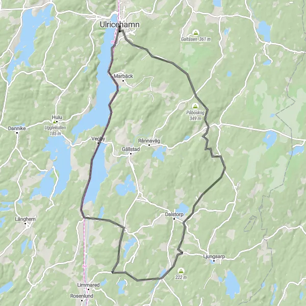 Map miniature of "Nittorp and Åsunden Road Circuit" cycling inspiration in Västsverige, Sweden. Generated by Tarmacs.app cycling route planner