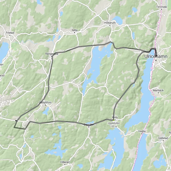 Map miniature of "Countryside Loop via Tvärred" cycling inspiration in Västsverige, Sweden. Generated by Tarmacs.app cycling route planner