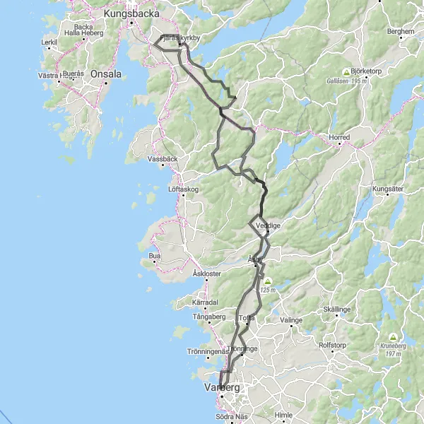 Map miniature of "Varberg - Åsby - Fjärås kyrkby - Gällinge - Veddige - Trönninge" cycling inspiration in Västsverige, Sweden. Generated by Tarmacs.app cycling route planner