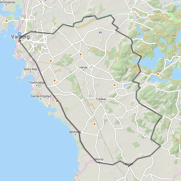 Map miniature of "Varberg to Grimeton Loop" cycling inspiration in Västsverige, Sweden. Generated by Tarmacs.app cycling route planner