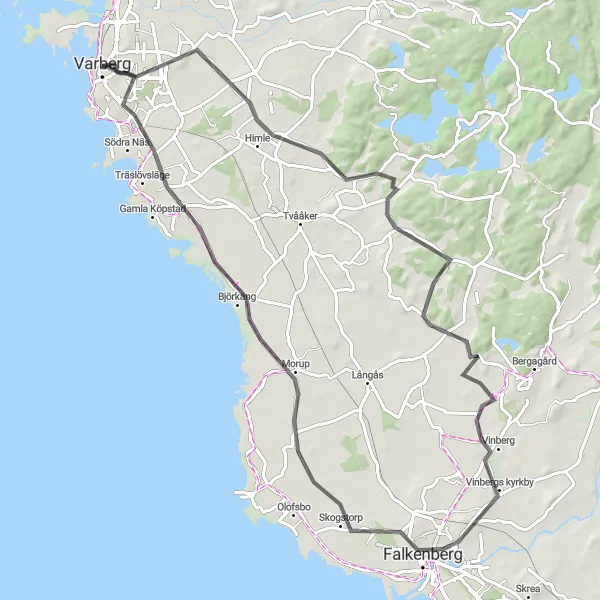 Map miniature of "Varberg to Getakärrs kyrkoruin Road Route" cycling inspiration in Västsverige, Sweden. Generated by Tarmacs.app cycling route planner