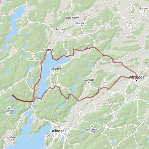 Map miniature of "Vårgårda - Gräfsnäs Loop" cycling inspiration in Västsverige, Sweden. Generated by Tarmacs.app cycling route planner