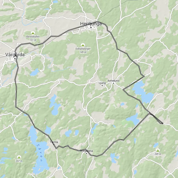 Kartminiatyr av "Vårgårda - Herrljunga - Norra Säms kyrkoruin - Tämta - Vårgårda" cykelinspiration i Västsverige, Sweden. Genererad av Tarmacs.app cykelruttplanerare