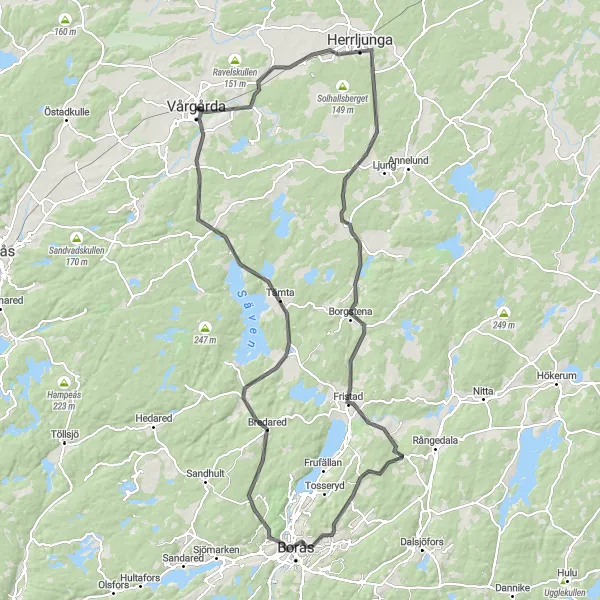 Map miniature of "Vårgårda - Borås Loop" cycling inspiration in Västsverige, Sweden. Generated by Tarmacs.app cycling route planner