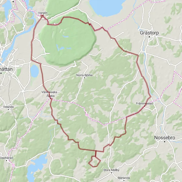 Kartminiatyr av "Spännande grusväg runt Väne-Åsaka och Forstena" cykelinspiration i Västsverige, Sweden. Genererad av Tarmacs.app cykelruttplanerare