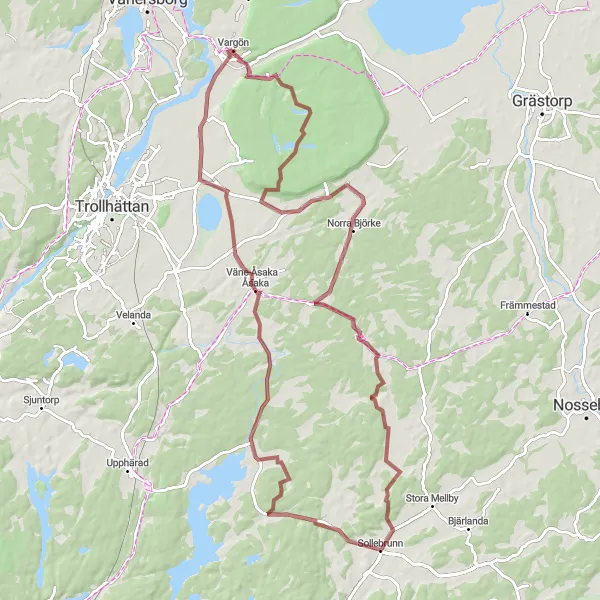 Map miniature of "Thrilling Gravel Expedition" cycling inspiration in Västsverige, Sweden. Generated by Tarmacs.app cycling route planner