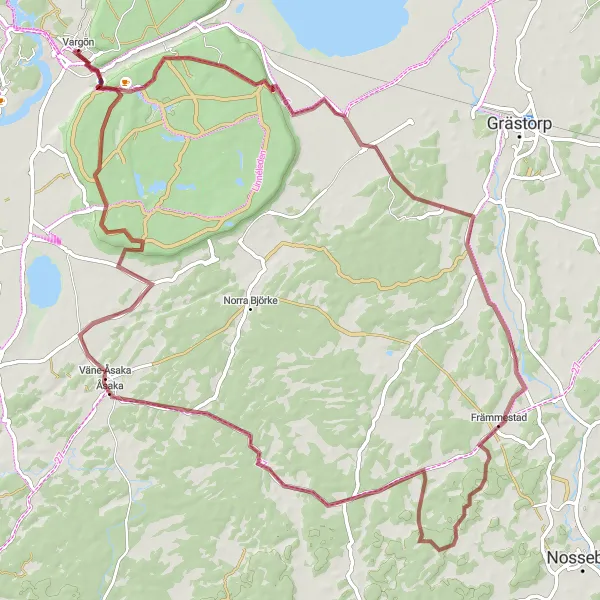 Kartminiatyr av "Äventyrlig grusväg genom Flo och Främmestad" cykelinspiration i Västsverige, Sweden. Genererad av Tarmacs.app cykelruttplanerare