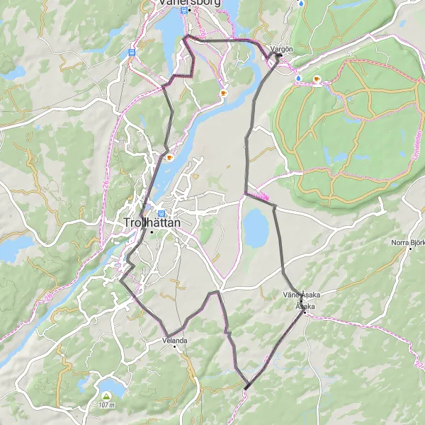 Kartminiatyr av "Vargön - Väne-Åsaka Runt cykeltur" cykelinspiration i Västsverige, Sweden. Genererad av Tarmacs.app cykelruttplanerare