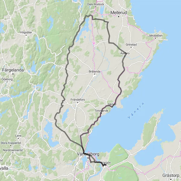 Map miniature of "Vänersborg-Blåsut-Vargön" cycling inspiration in Västsverige, Sweden. Generated by Tarmacs.app cycling route planner