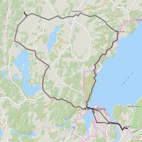 Kartminiatyr av "Cykla längs vägarna kring Vargön" cykelinspiration i Västsverige, Sweden. Genererad av Tarmacs.app cykelruttplanerare