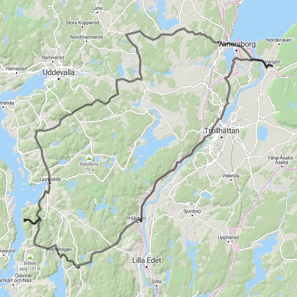 Map miniature of "Trollhättefallen-Kopparklinten-Hjärtum-Ljungskile-Blåsut-Vargön" cycling inspiration in Västsverige, Sweden. Generated by Tarmacs.app cycling route planner