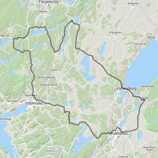 Map miniature of "Forstena-Tittekullen-Blåsut-Vargön" cycling inspiration in Västsverige, Sweden. Generated by Tarmacs.app cycling route planner