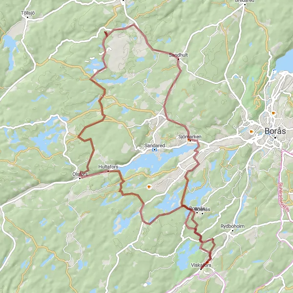 Map miniature of "The Forest Gravel Escape" cycling inspiration in Västsverige, Sweden. Generated by Tarmacs.app cycling route planner