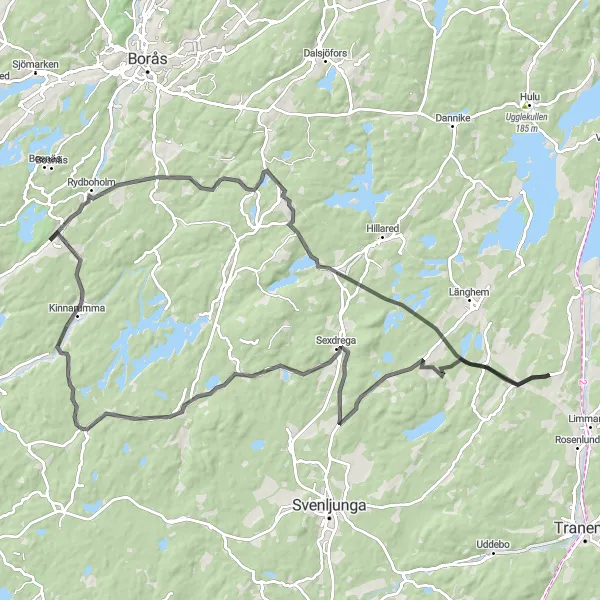 Map miniature of "Viskafors and Sexdrega Loop" cycling inspiration in Västsverige, Sweden. Generated by Tarmacs.app cycling route planner