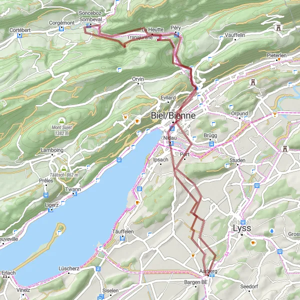 Map miniature of "The Gravel Adventure: Aarberg to Biel/Bienne and Back" cycling inspiration in Espace Mittelland, Switzerland. Generated by Tarmacs.app cycling route planner