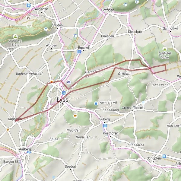 Miniatura della mappa di ispirazione al ciclismo "A passeggio tra Lyss e Kappelen" nella regione di Espace Mittelland, Switzerland. Generata da Tarmacs.app, pianificatore di rotte ciclistiche