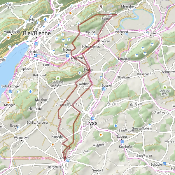 Karttaminiaatyyri "Hiekkatie-seikkailu Worbenin maisemissa" pyöräilyinspiraatiosta alueella Espace Mittelland, Switzerland. Luotu Tarmacs.app pyöräilyreittisuunnittelijalla