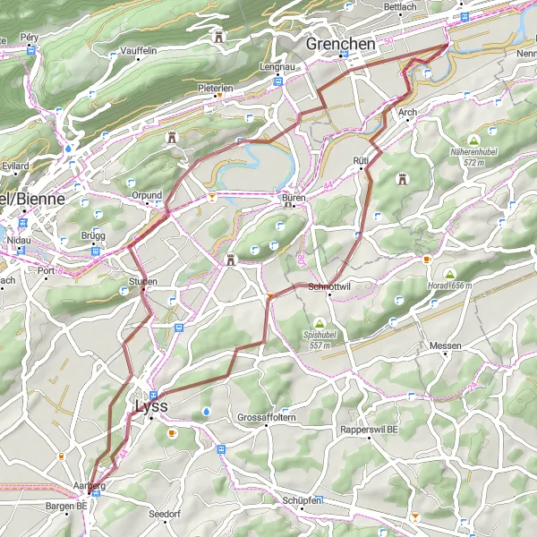 Miniatua del mapa de inspiración ciclista "Ruta de Gravel a Grenchen y Lyss" en Espace Mittelland, Switzerland. Generado por Tarmacs.app planificador de rutas ciclistas