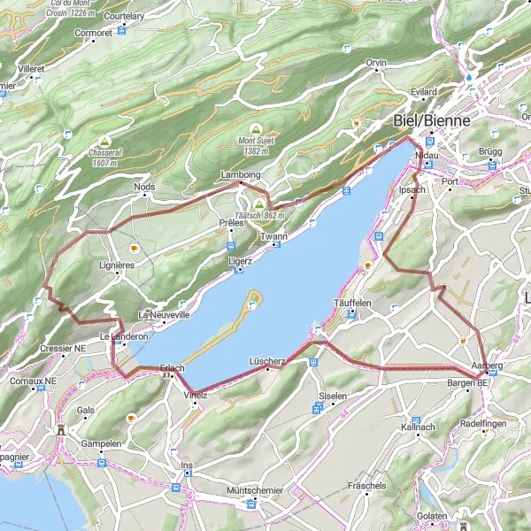 Miniature de la carte de l'inspiration cycliste "Randonnée gravellique à travers les terres autour de Aarberg" dans la Espace Mittelland, Switzerland. Générée par le planificateur d'itinéraire cycliste Tarmacs.app