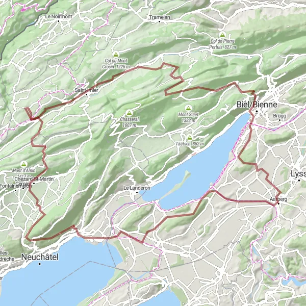 Miniatura della mappa di ispirazione al ciclismo "Esplorazione Gravel da Aarberg a Sutz-Lattrigen" nella regione di Espace Mittelland, Switzerland. Generata da Tarmacs.app, pianificatore di rotte ciclistiche