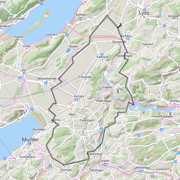 Karten-Miniaturansicht der Radinspiration "Rund um Aarberg und Wallenbuch" in Espace Mittelland, Switzerland. Erstellt vom Tarmacs.app-Routenplaner für Radtouren
